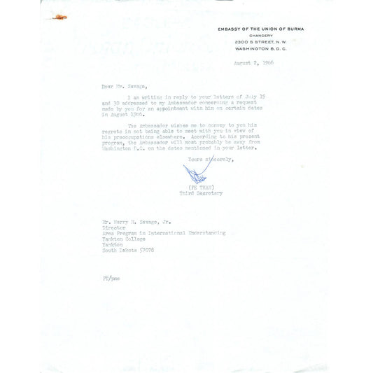 Embassy of the Union of Burma Official Letterhead Memo Pe Than 8/2/66 TK1-P10