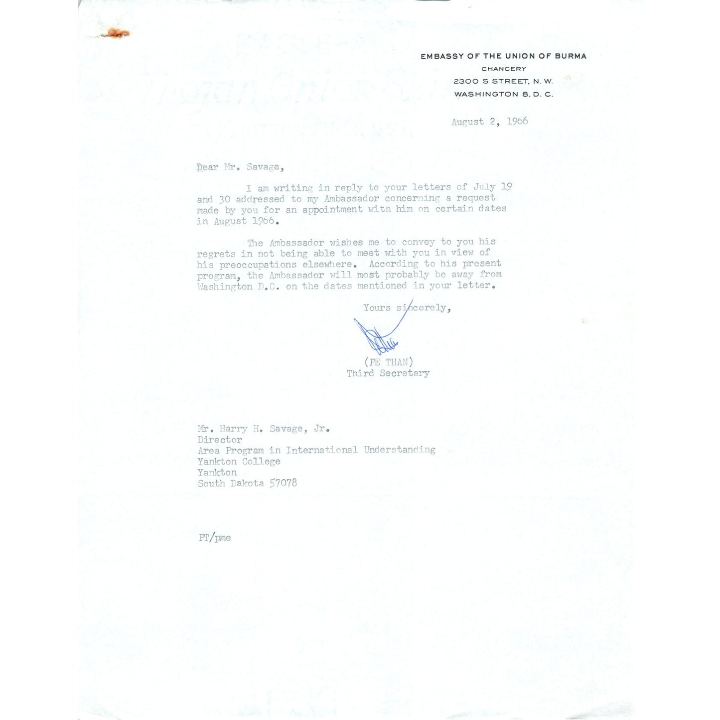 Embassy of the Union of Burma Official Letterhead Memo Pe Than 8/2/66 B9