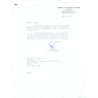 Embassy of the Union of Burma Official Letterhead Memo Pe Than 8/2/66 B9
