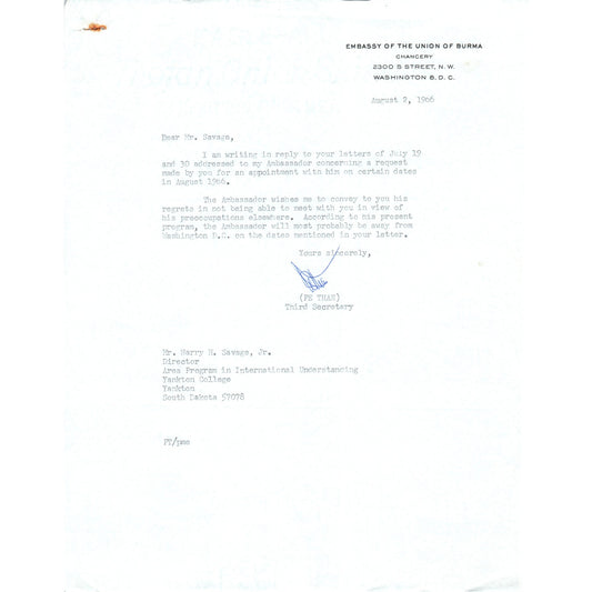 Embassy of the Union of Burma Official Letterhead Memo Pe Than 8/2/66 B9
