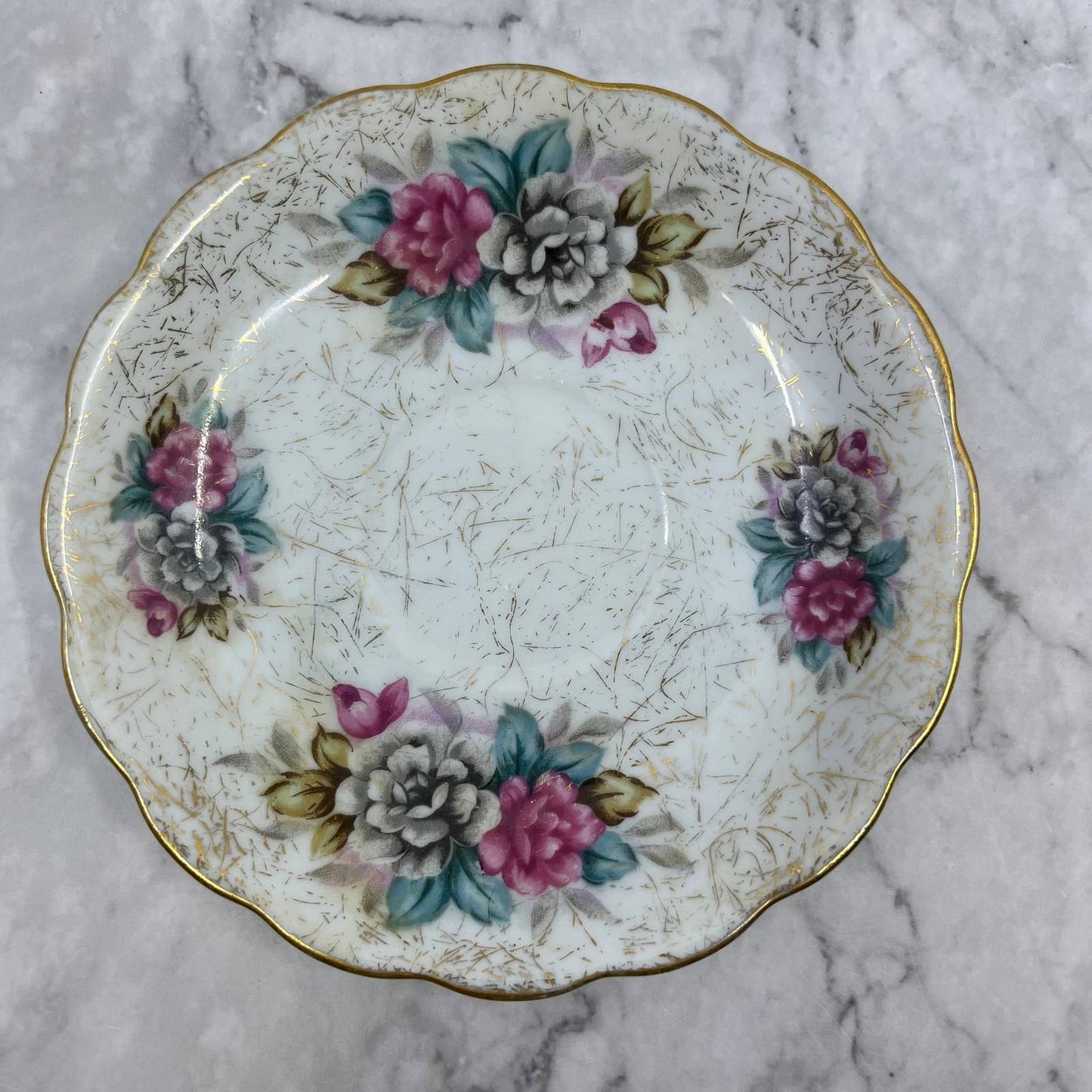 Vintage Fine China Saucer ONLY Fruit Pure Gray Rose Gold Fleck Scallop TA7-10