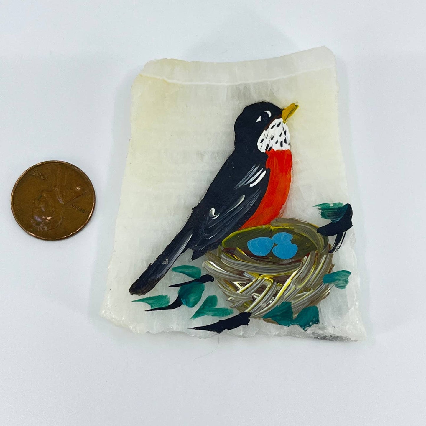 VTG Refrigerator Magnet Hand Painted Robin & Eggs on Marble Slab SD2