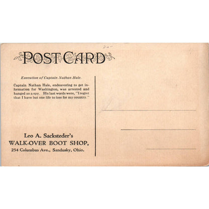 Nathan Hale Execution Leo Sacksteder Walk-Over Shoes Sandusky Postcard TK1-23