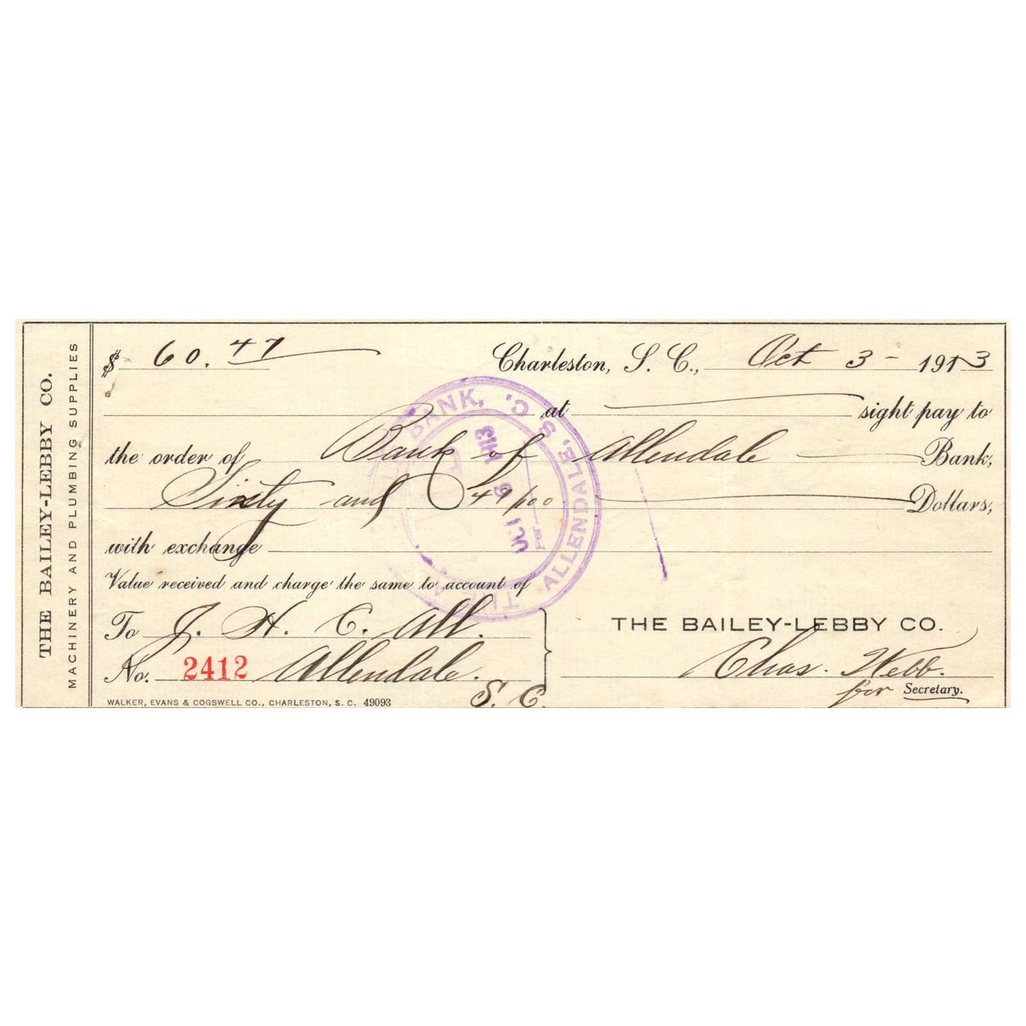 1913 The Bailey-Lebby Co Machinery & Plumbing Billhead Receipt Charleston SC SE4