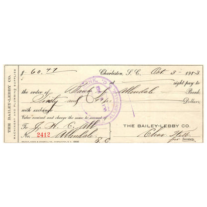 1913 The Bailey-Lebby Co Machinery & Plumbing Billhead Receipt Charleston SC SE4