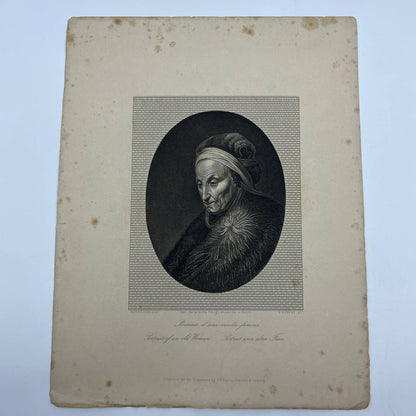 1864 Original Steel Art Engraving - Portrait of an Old Woman Gerard Dow AC3
