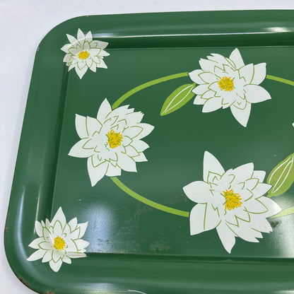 Vintage Toleware Metal Tray Water Lillies White Lotus Flowers 17.5x13" Set Of 2