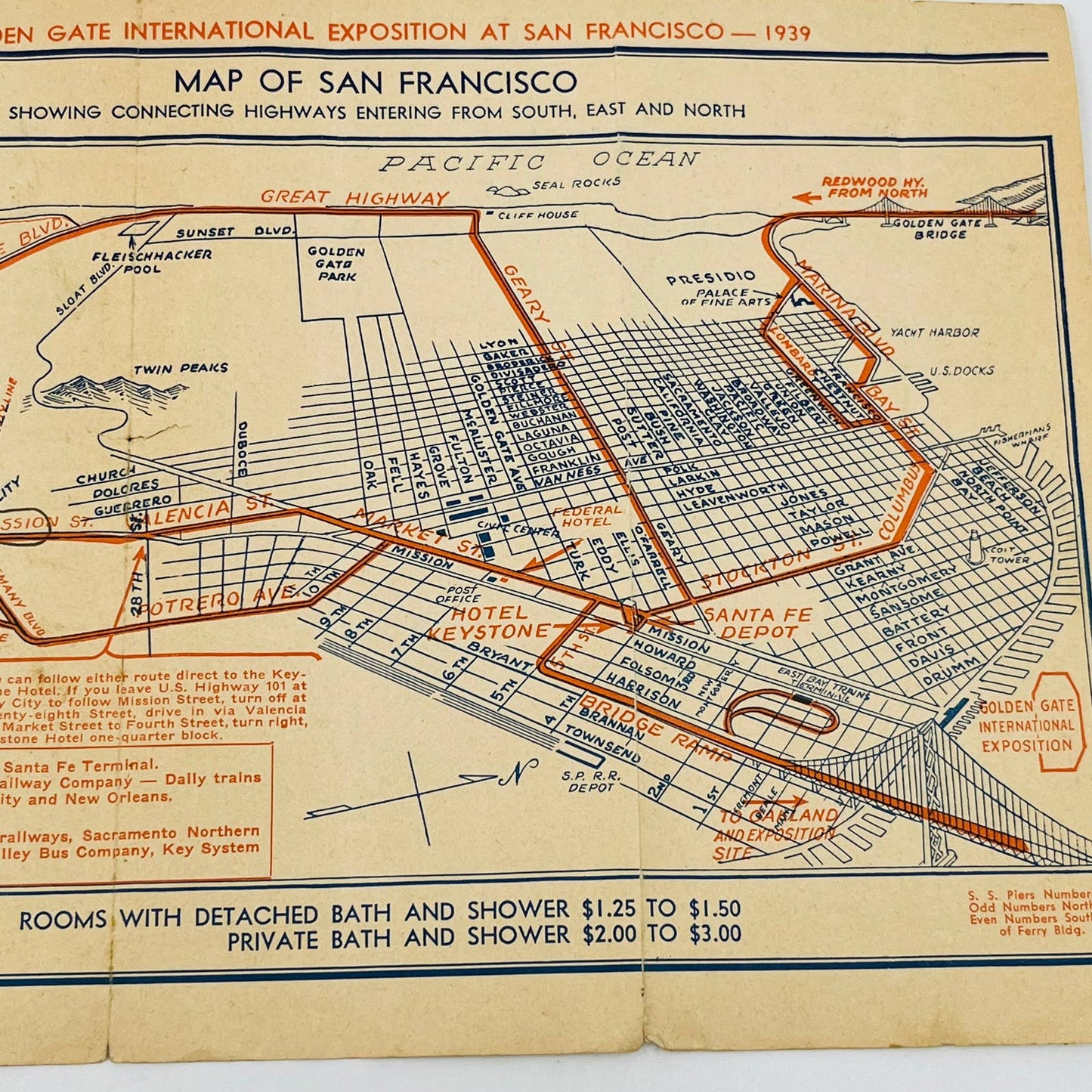 1939 SAN FRANCISCO HOTEL KEYSTONE MAP PAMPHLET WORLD’S FAIR GOLDEN GATE EA1