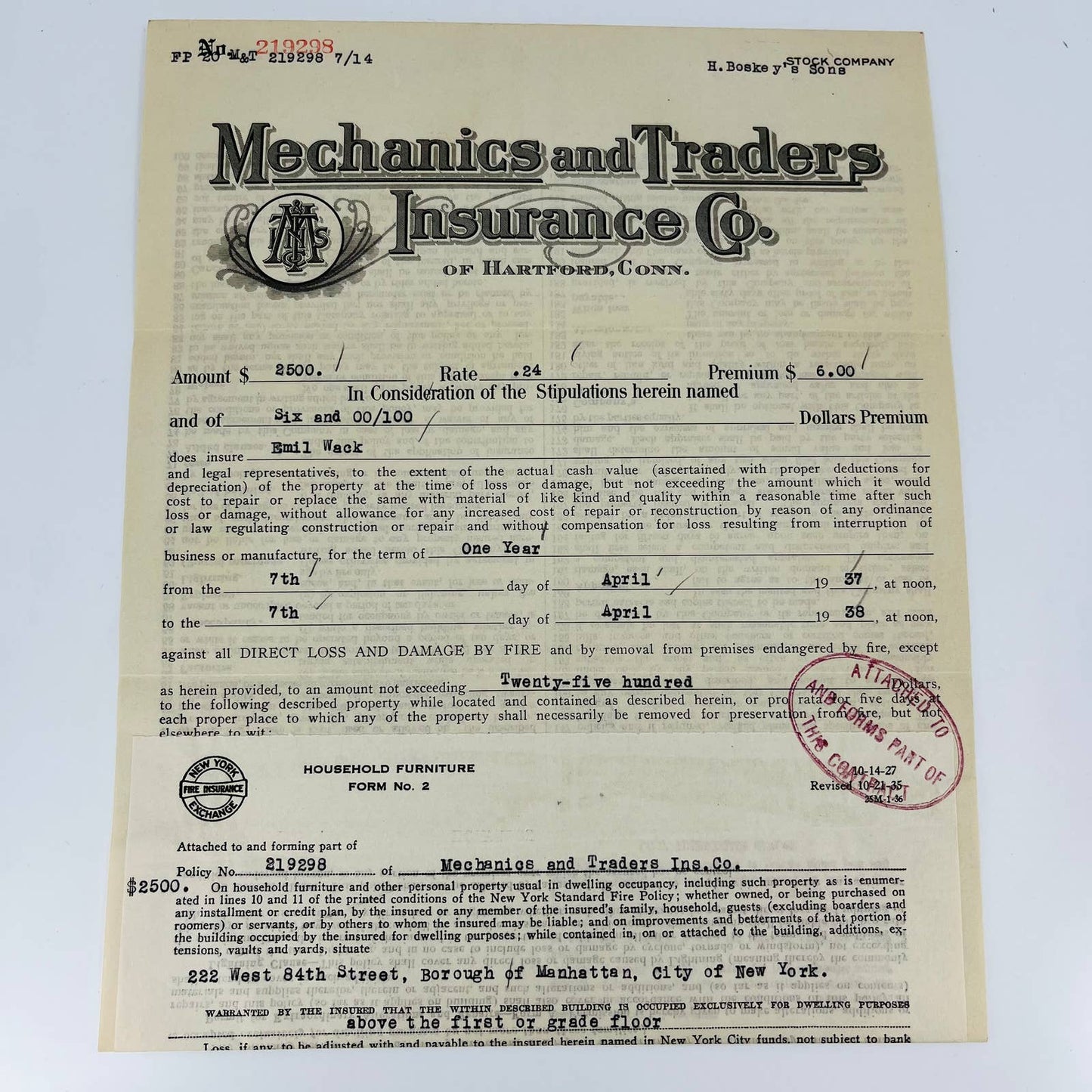 1935 Mechanics & Traders Insurance Co. Homeowner’s Policy Hartford Conn. C9