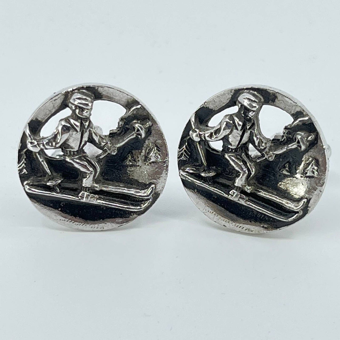 Vintage Silver Tone Ski Skiing Cufflinks Cuff Links SD2