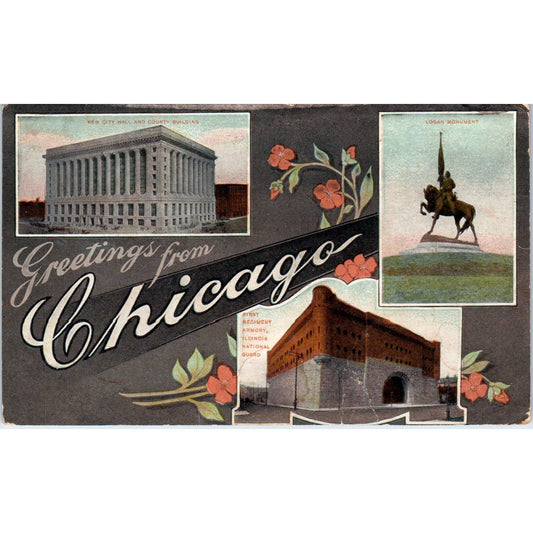 Chicago Armory Logan Monument City Hall 1910 Original Postcard TJ9-P2