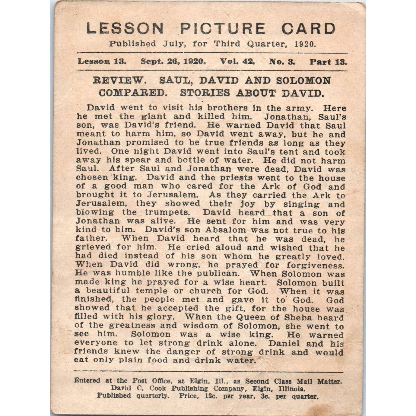 1920 Christian Lesson Picture Card Saul, David and Solomon Compared SE5