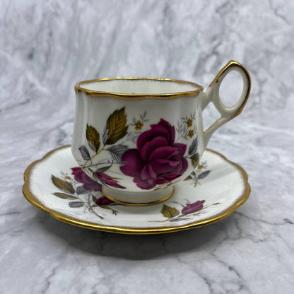 Vintage Rosina Bone China Cup & Saucer, Signed & Numbered, Purple Rose TD6