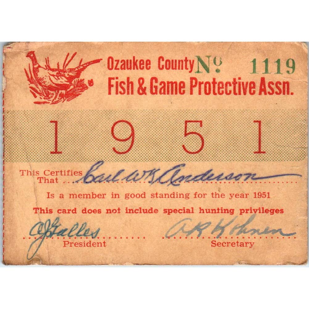 1951 Ozaukee County Fish & Game Protective Association Fishing License SE5