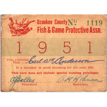 1951 Ozaukee County Fish & Game Protective Association Fishing License SE5