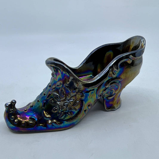 Mosser Victorian Rose Slipper Amethyst Carnival Glass Shoe Turned Up Toe 6x3 TI3