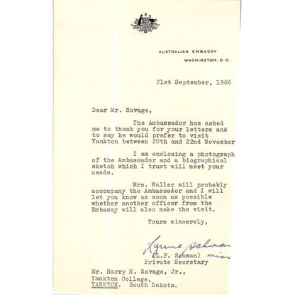 Australian Embassy Letterhead Memo L.F. Schwan 1966 TK1-P8