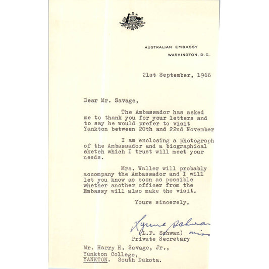 Australian Embassy Letterhead Memo L.F. Schwan 1966 TK1-P8