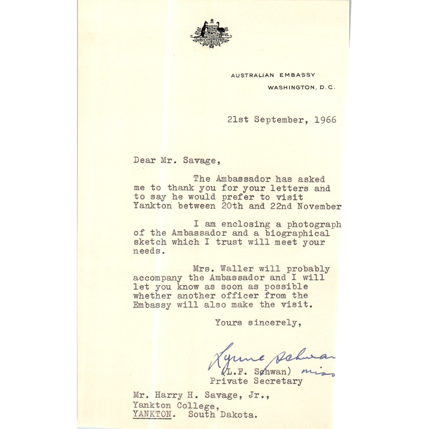 Australian Embassy Letterhead Memo L.F. Schwan 1966 B13