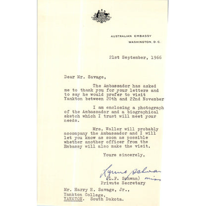 Australian Embassy Letterhead Memo L.F. Schwan 1966 B13