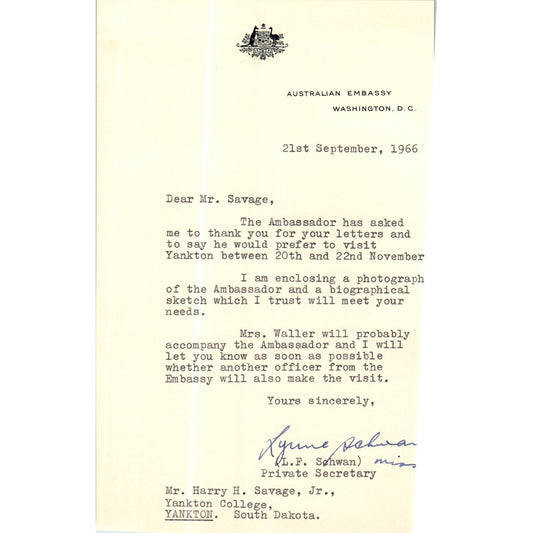 Australian Embassy Letterhead Memo L.F. Schwan 1966 B13