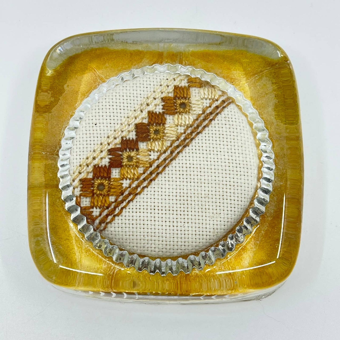 Vintage 1970s Style Earth Tone Cross Stitch Crewel Glass Paperweight TF3