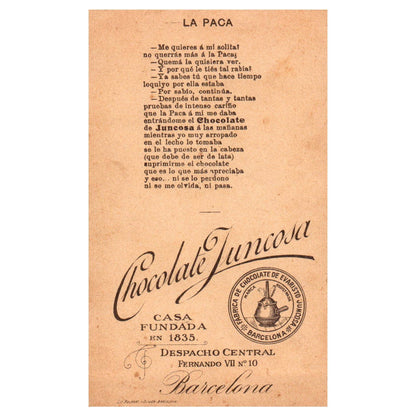 La Paca Chocolate Juncosa Barcelona - 1880s Victorian Trade Card TJ8-3