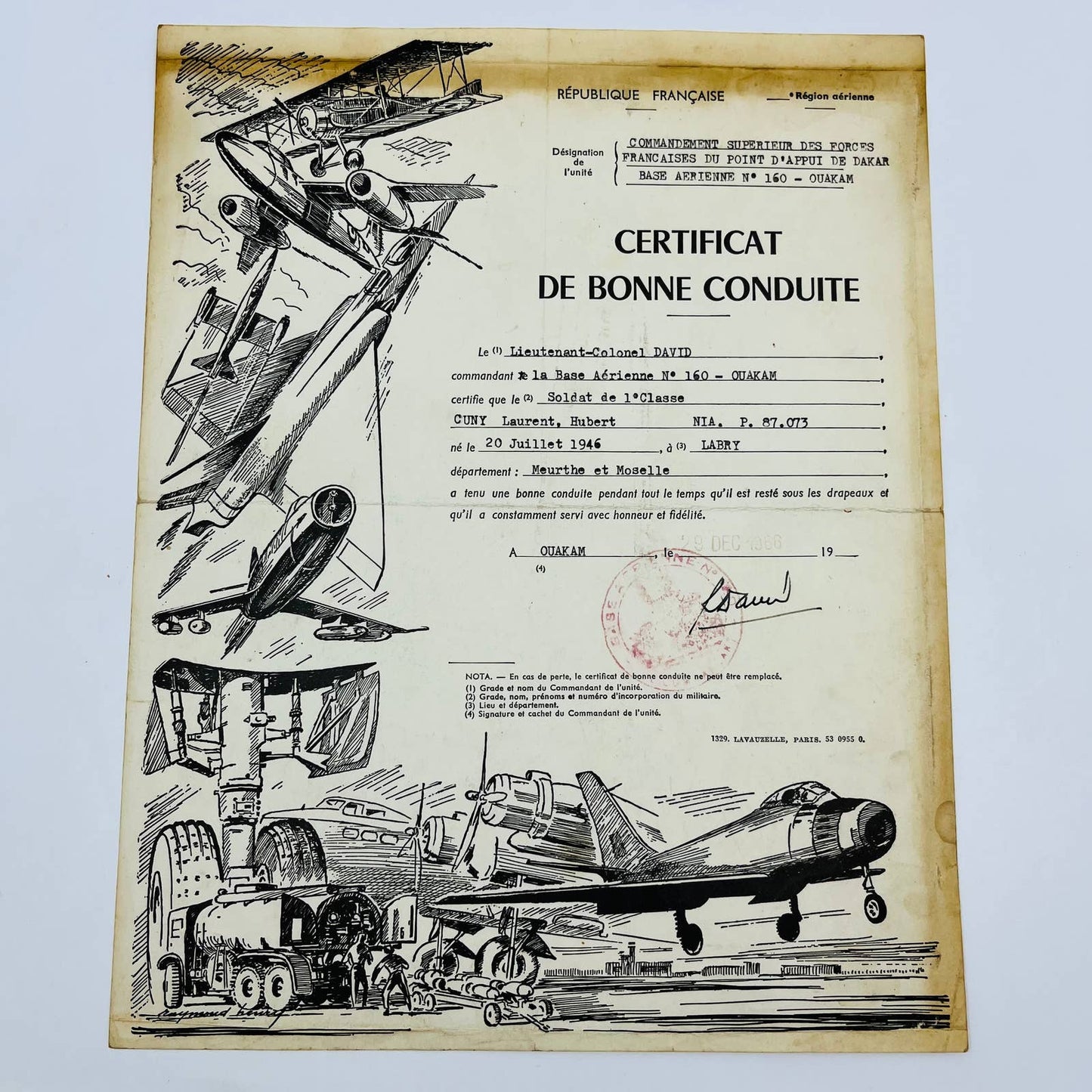 1946 WWII French Air Force Certificate of Good Conduct Dakar Air Base TD5