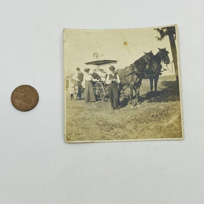 Antique Photograph Victorian Men and Women with 2 Horses Pulling Carriage 3” AA2