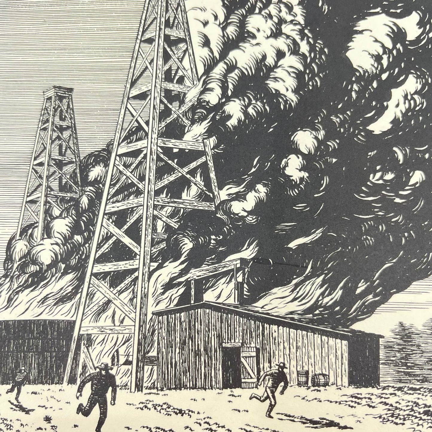 Vintage 1940s-50s Pencil Sketch Art Print Oil Derrick on Fire FL3