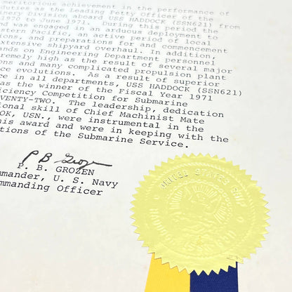 1971 US Navy Letter of Commendation USS Haddock PB Grozen Harold J Cook AB8