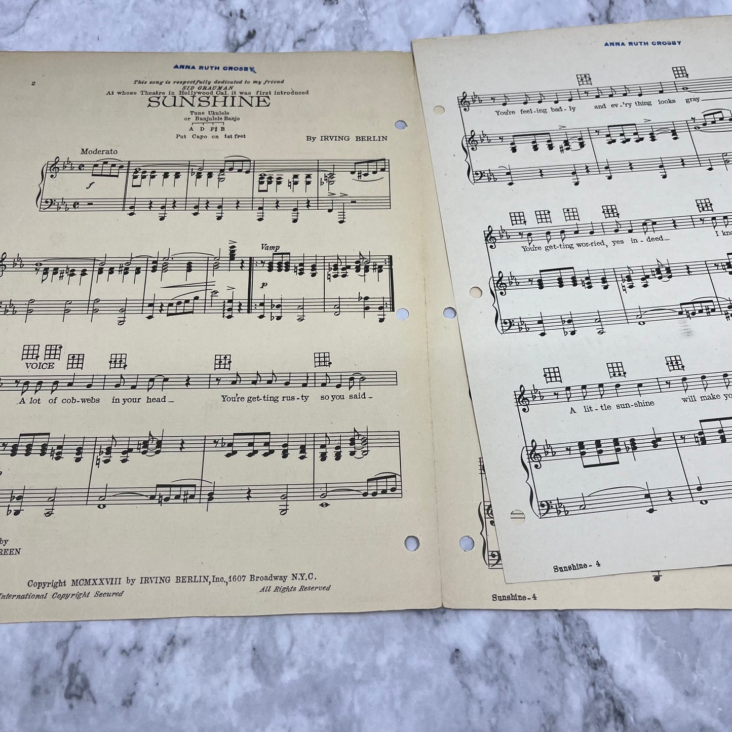 1928 Irving Berlin's Sunshine Sheet Music Piano Tune Ukulele Banjulele Banjo V41-3