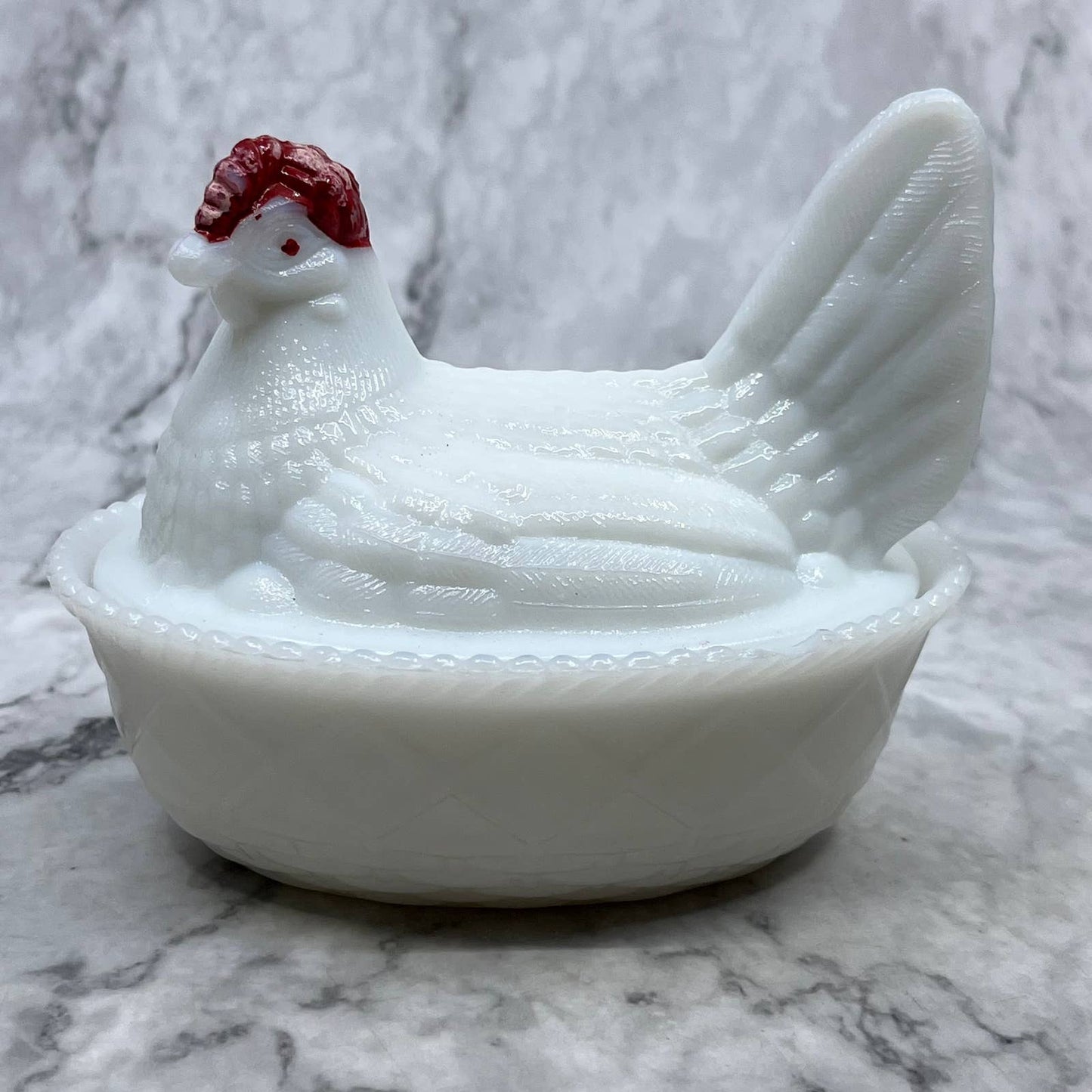 Vtg Hazel Atlas Milk Glass Red On Head Mini Hen On Nest Rooster Dish 4.5” TI1