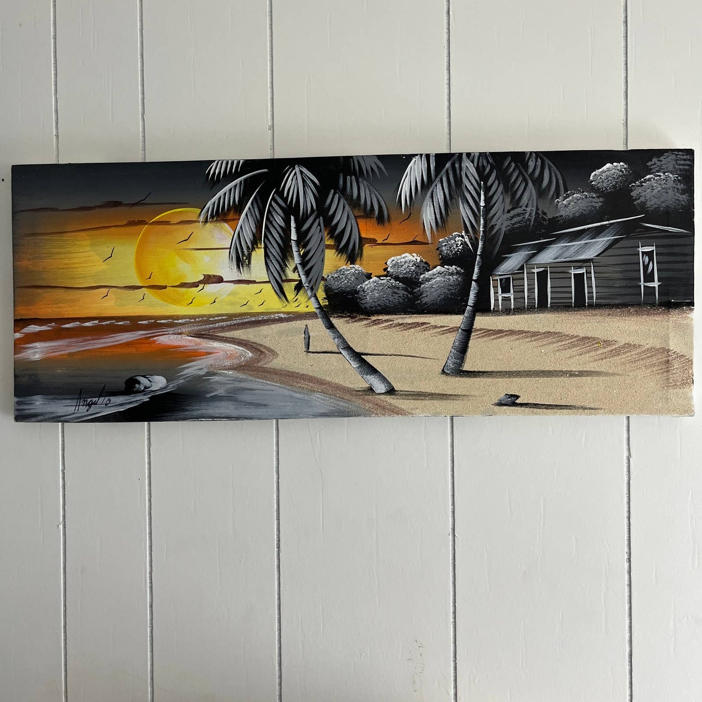 Original Canvas Art Painting Beach Sunset Scene Signed Angel '10 Size 30x11.5"
