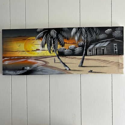 Original Canvas Art Painting Beach Sunset Scene Signed Angel '10 Size 30x11.5"