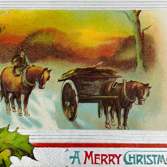 1910s Christmas Post Card Embossed Holly Silver Snow Art Deco Horses Cart PA4