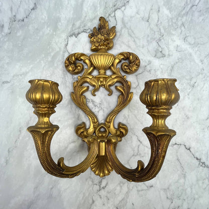 Vintage Gothic Brass Tone Cast Resin 2 Arm Wall Mount Candelabra Sconce 13" TI7