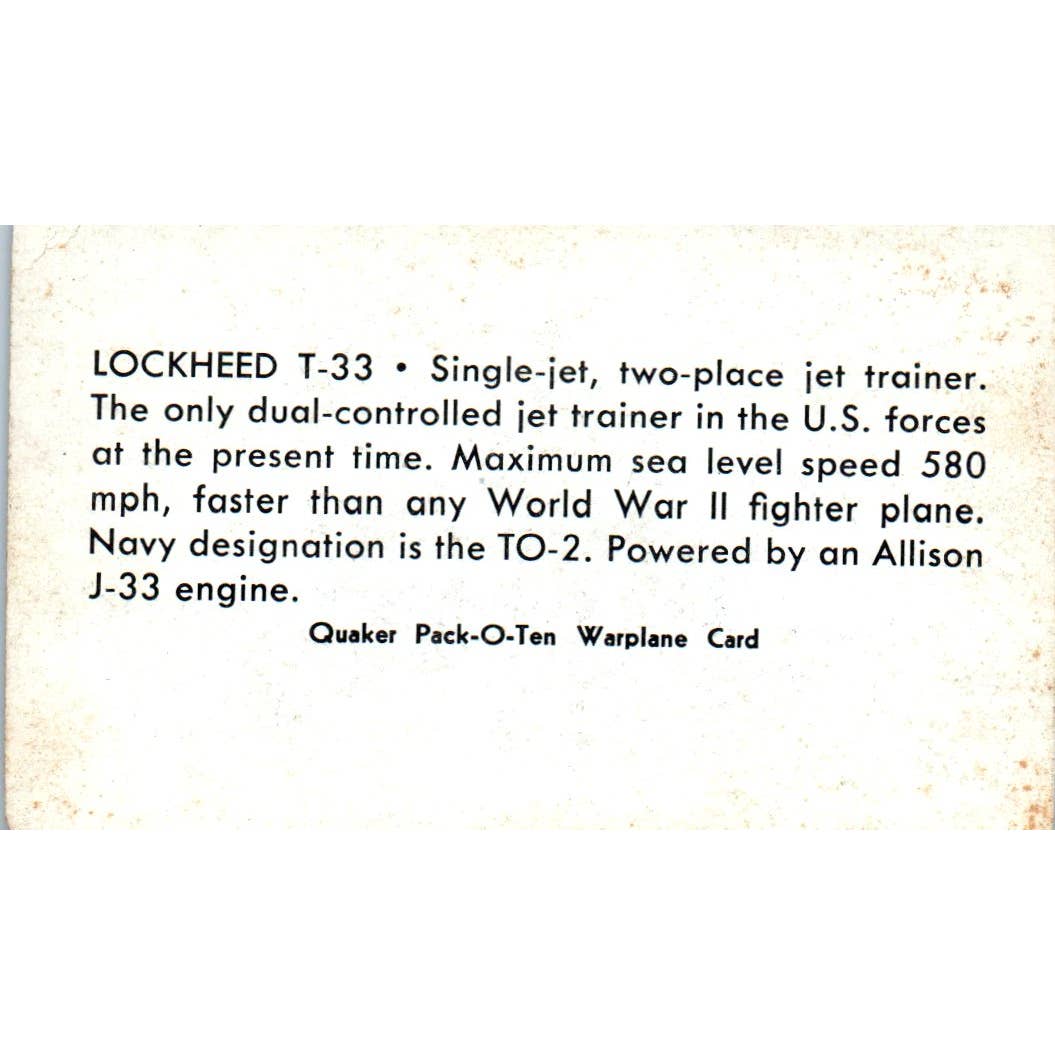 1957 Vintage Lockheed T-33 Quaker Pack-O-Ten Warplanes Card EA3