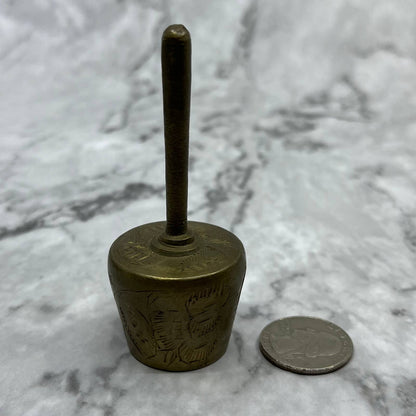 Vintage Etched Long Handle Brass Bell of Sarna 3.5" India SA2