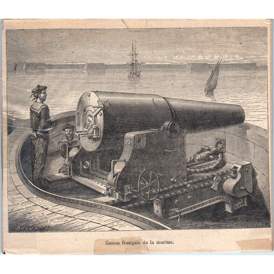 1880s French Wood Engraving French naval gun Cannon 5x6" TJ1-1