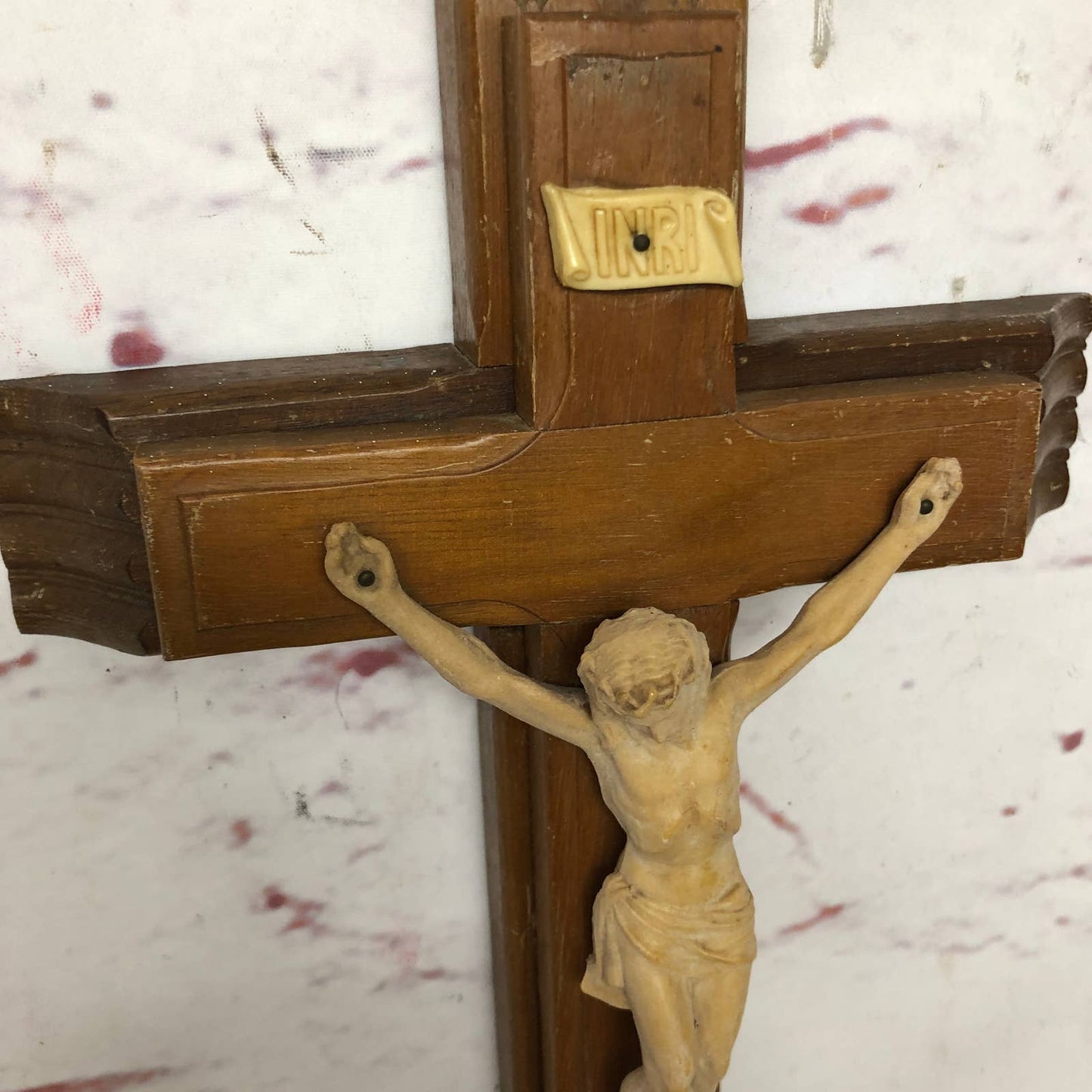 Vintage Last Rites Crucifix Solid Wood Cross with Resin Jesus 13"x8"x2" TG4