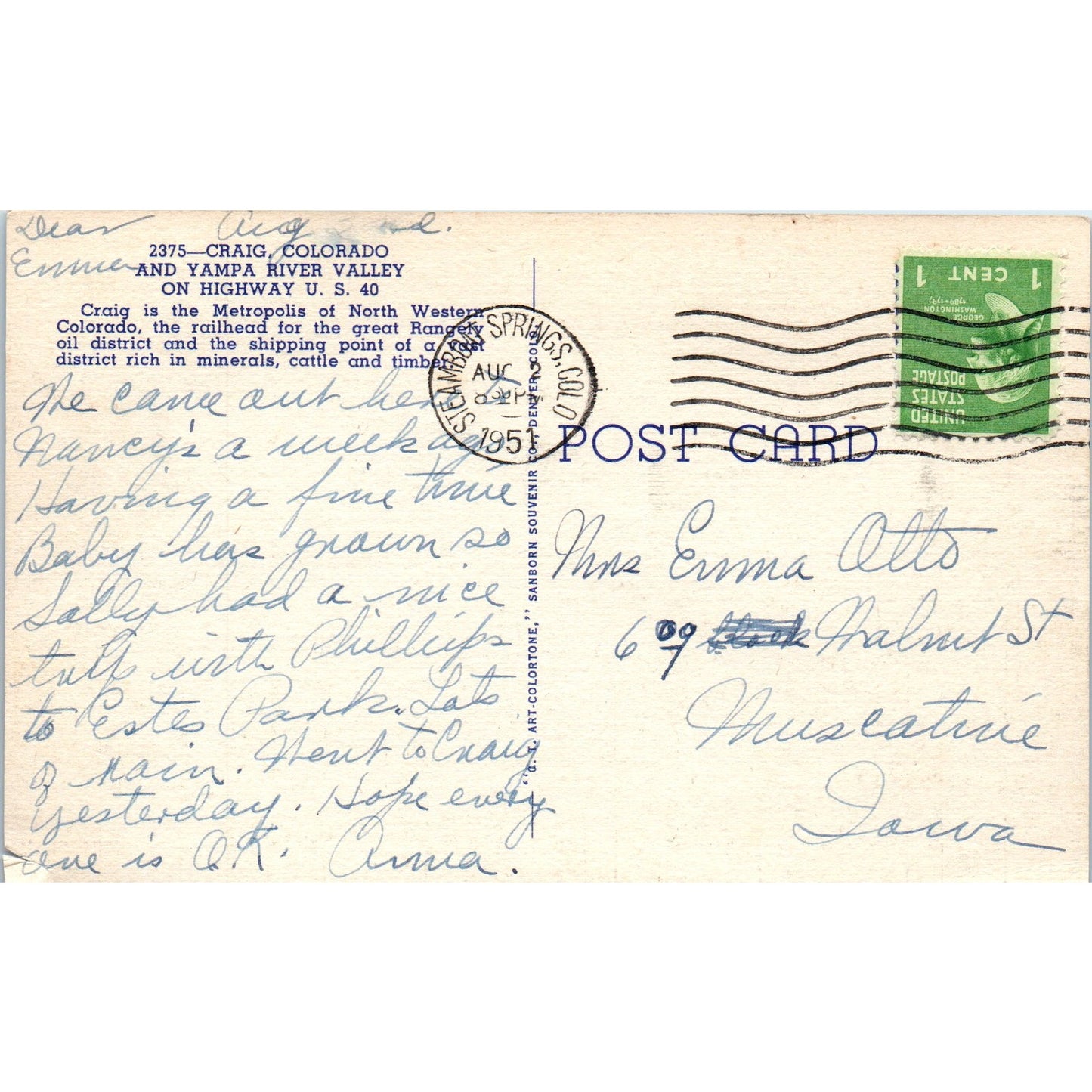 1951 Yampa River Valley Craig Colorado Original Postcard P1-11