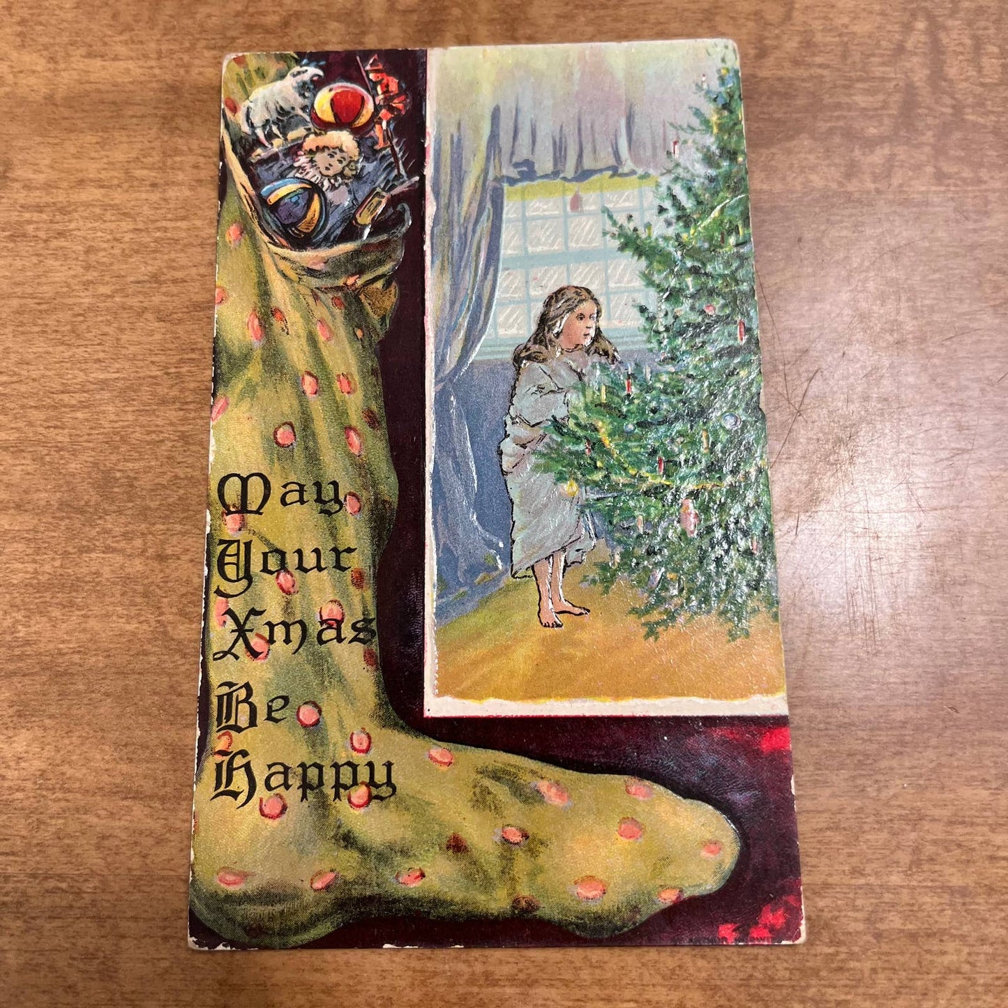 c1910 Embossed Christmas Eve Tree & Stocking Christmas Greetings Postcard PA2
