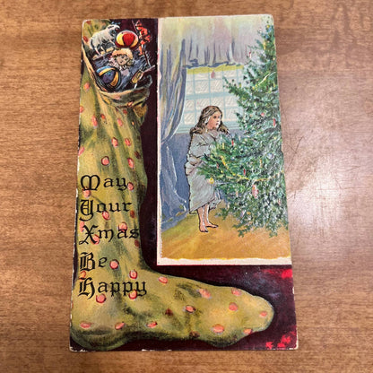c1910 Embossed Christmas Eve Tree & Stocking Christmas Greetings Postcard PA2