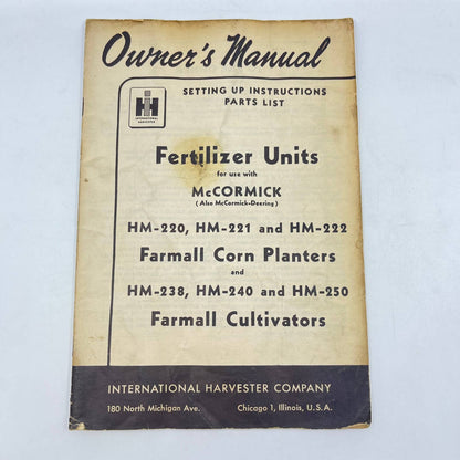 1950 McCormick Deering Fertilizer Units Farmall Cultivators Owners Manual TC6