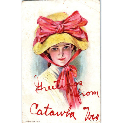 Antique Postcard Victorian Lady Greetings from Catawba Wisconsin SE3-2