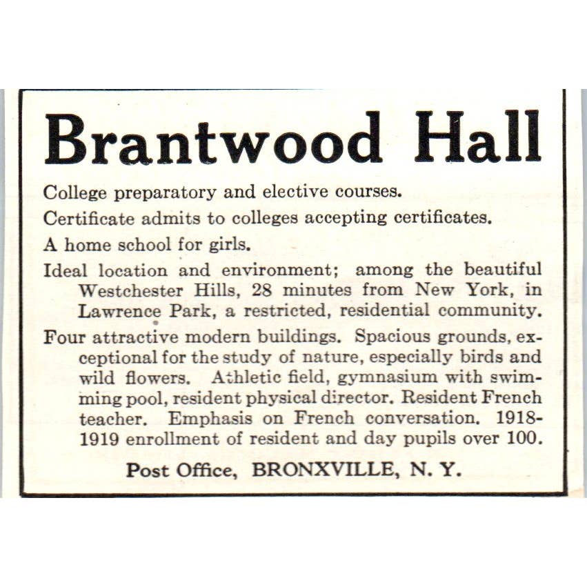 c1920 Harper's Magazine Ad - Brantwood Hall Home School for Girls Bronxville EA3