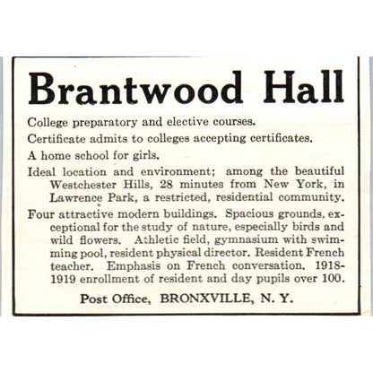 c1920 Harper's Magazine Ad - Brantwood Hall Home School for Girls Bronxville EA3