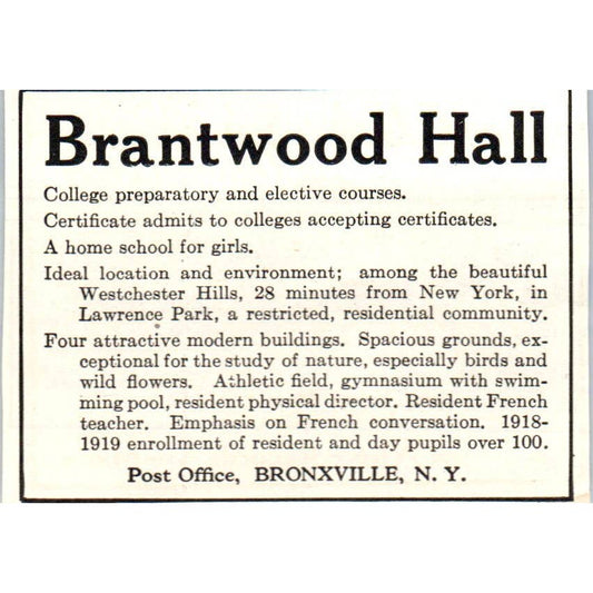 c1920 Harper's Magazine Ad - Brantwood Hall Home School for Girls Bronxville EA3