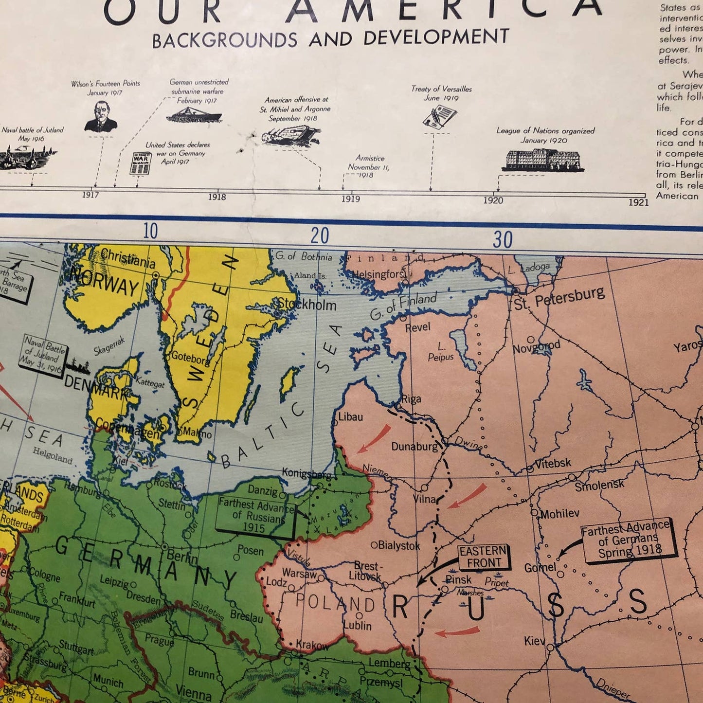 LARGE WWI 1956 Denoyer-Geppert Co. Wall Map European Area in WWI 1914-1918